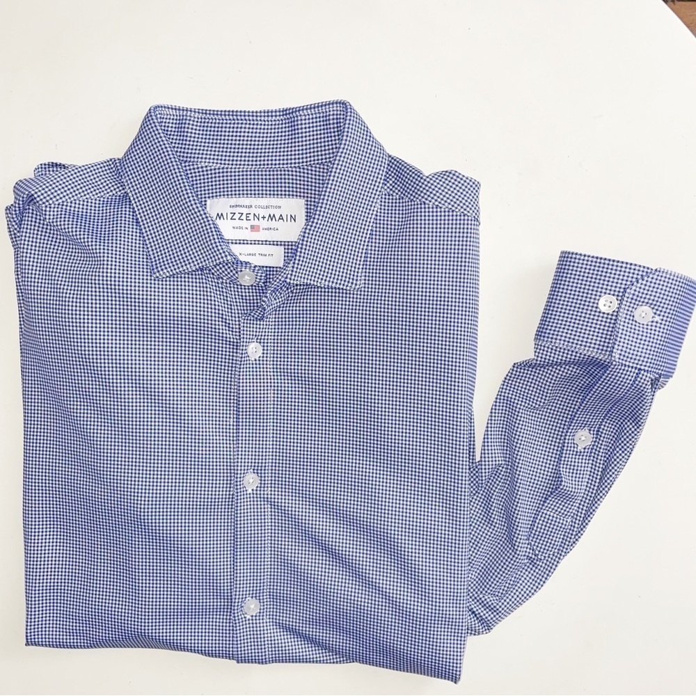 Mizzen+Main Men’s Spinnaker Performance Dress Shirt Blue Trim Fit Size XL